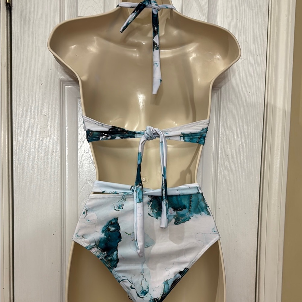 Marble Print Push Up Halter Ruched Wrap Front High Waist bikini M - Picture 3 of 9